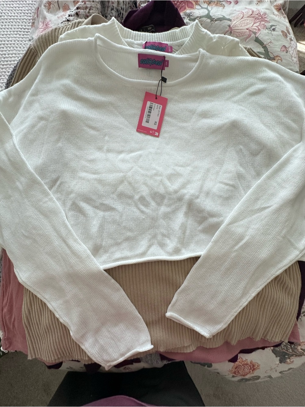 Edikted White Cropped Crewneck Sweater